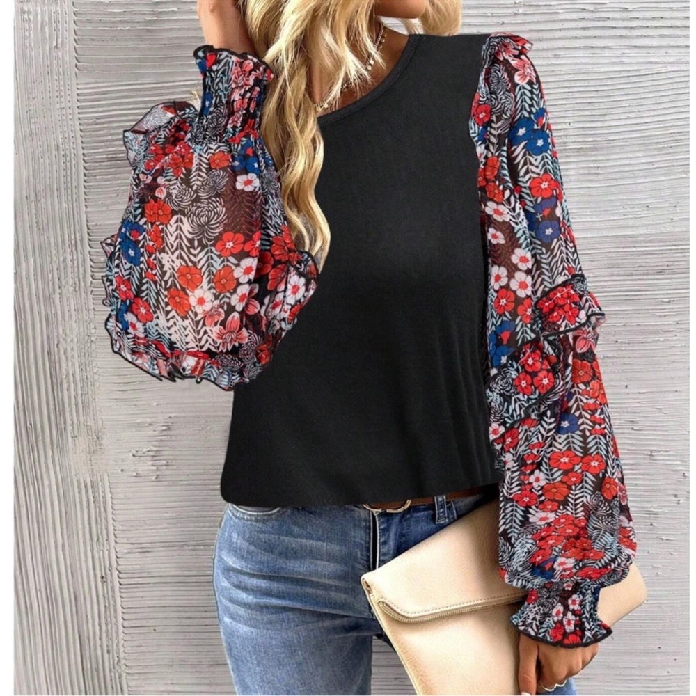 Boho Floral Print Ruffle Long Sleeve Top S M L XL